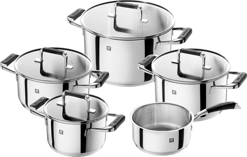 ZWILLING Cornelia Poletto 5-Piece Saucepan Set, Suitable for Induction Cookers, Stainless Steel, with Glass Lid, with Silicone Handles, Silver