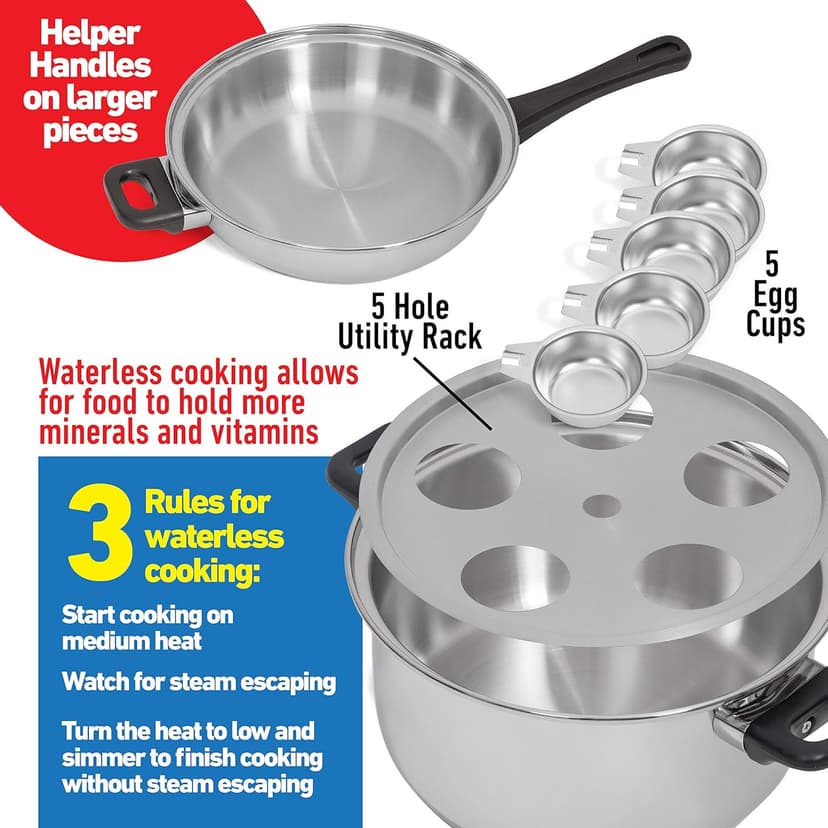 Maxam 9-Element Waterless Cookware Set, Durable Stainless Steel Construction with Heat and Cold Resistant Handles, 17-Pieces