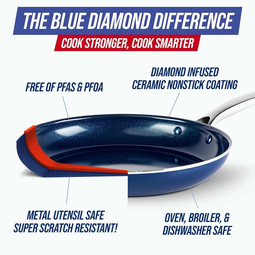 Blue Diamond 14 Piece Nonstick Cookware Set, Diamond Ceramic Pots & Pans, Dishwasher & Metal Utensil Safe, Non Toxic PFAS-Free, Kitchen Cooking Sauce & Saute Pans, Oven & Broiler to 600F, Blue