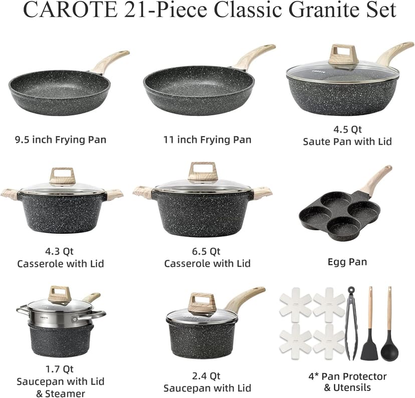 CAROTE 21pcs Pots and Pans Set Nonstick, Cookware Set Black Granite Induction Kitchen Cooking Set w/Frying Pans & Saucepans(PFOS, PFOA Free)