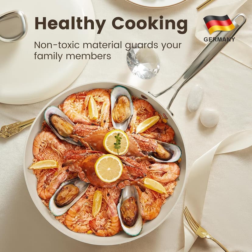 Non Stick Ceramic Cookware Set, Velosan Pebble Series Pots and Pans Set Non-toxic White Induction Cookware, with Frying Pan Saucepan Dutch Oven Wok, PFAS PTFE PFOA PFOS Free, Cream