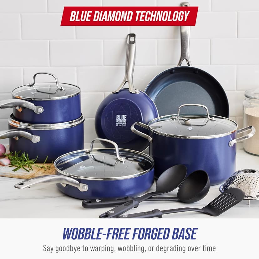 Blue Diamond 14 Piece Nonstick Cookware Set, Diamond Ceramic Pots & Pans, Dishwasher & Metal Utensil Safe, Non Toxic PFAS-Free, Kitchen Cooking Sauce & Saute Pans, Oven & Broiler to 600F, Blue