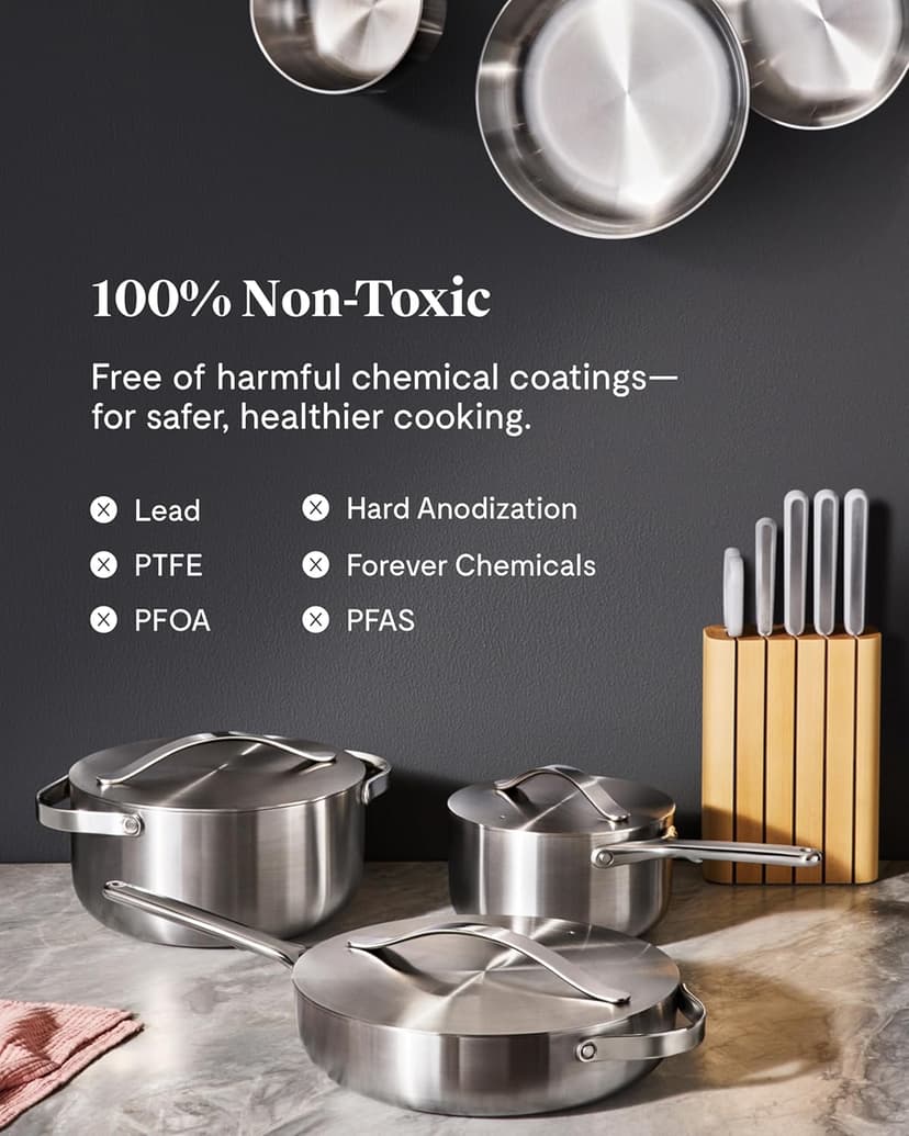 Caraway Stainless Steel Deluxe Cookware Set (16 Piece) - 5-Ply Stainless Steel Pots, Frying Pans, Lids and Kitchen Storage - Non Toxic, PTFE & PFOA Free