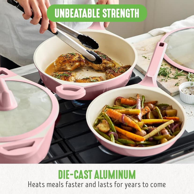 GreenLife 8 Piece Ceramic Nonstick Cookware Set, Induction Suitable Non Toxic PFAS-Free Pots & Pans, Dishwasher Safe, Cooking Set, Stock Pot, Saucepans & Frying Pans, Kitchen Cooking, Light Pink