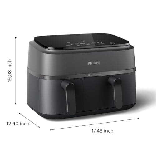 Philips Dual Basket Air Fryer 3000 Series, 8-in-1 functions, 9.5 Quarts, 2 Drawers, Auto-sync Cooking Time, 90% Less Fat, Rapid Air Technology, HomeID Recipe App, Dishwasher Safe, Black, (NA350/00)