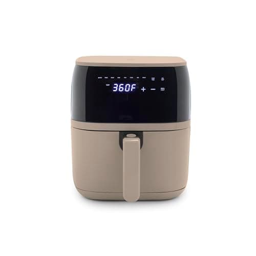 GreenLife Compact Electric Air Fryer Oven, 5.3 QT, PFAS-Free Ceramic Nonstick Drawer, 8 One Touch Digital Display, Easy View Window, Auto Shut-Off Timer, Dishwasher Safe Parts, 1500 Watts, Taupe