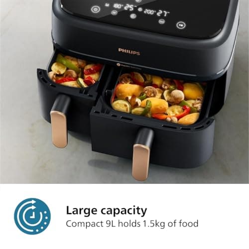 Philips Dual Basket Air Fryer 3000 Series, 8-in-1 functions, 9.5 Quarts, 2 Drawers, Auto-sync Cooking Time, 90% Less Fat, Rapid Air Technology, HomeID Recipe App, Dishwasher Safe, Black, (NA350/00)