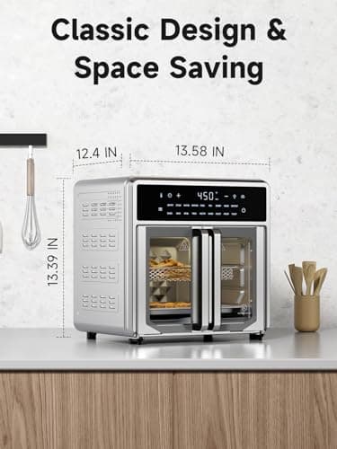 Air Fryer French Door Oven,15.8 Qt Toaster Oven Countertop Combo,18 Presets & 1 Preheat & Light, Airfryer Basket,Wire Rack,Baking Pan,Crumb Tray,Compact Design,Stainless Steel,Small