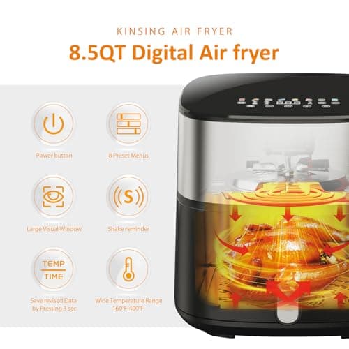 Air Fryer 8 in 1, Large 8.5 QT Airfryer with Easy View Windows,MAX 450℉ for Crispy, 85% Less Oil, Fast Roast, Preheat, Shake, Bake, Non-Stick Basket for Easy Clean, With Professional Recipes