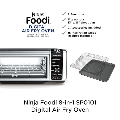 Ninja SP101 Digital Air Fry Countertop Oven with 8-in-1 Functionality, Flip Up & Away Capability for Storage Space, with Air Fry Basket, Wire Rack & Crumb Tray, Silver