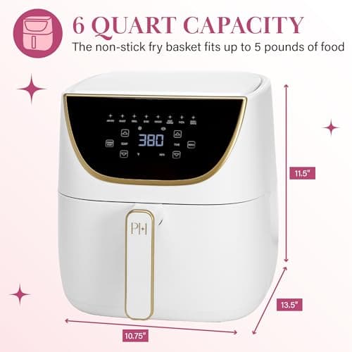 Paris Hilton Air Fryer, Large 6-Quart Capacity, Nonstick Made without PFAS, Touchscreen Display, 8-in-1 (Air Fry, Roast, Broil, Bake, Reheat, Keep Warm, Pizza, Dehydrate), Dishwasher Safe, White