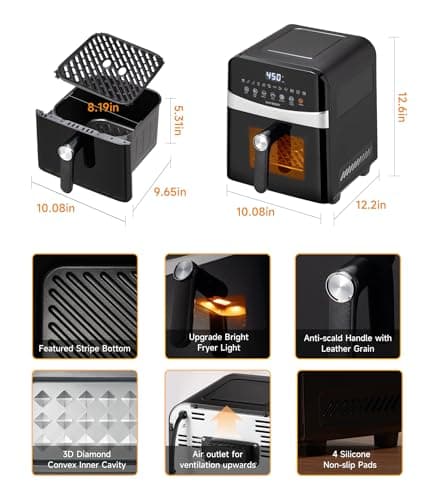 Ceramic Air Fryer Black Stainless Steel, DAYBEST 1700W Non Toxic Air Fryer Visible 6L with Top Bottom Heaters Less Flipping Auto Shut-off with Ceramic Coat Basket and Grill Pan (6L, Black)