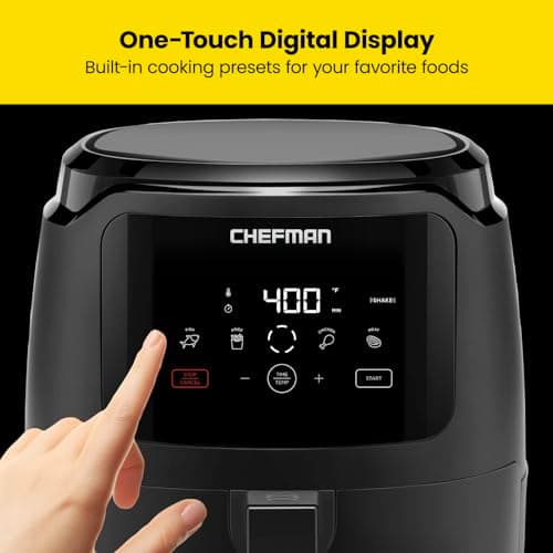 Chefman Digital Air Fryer, Large 5 Qt Family Size, One Touch Digital Control Presets, French Fries, Chicken, Meat, Fish, Nonstick Dishwasher-Safe Parts, Automatic Shutoff, Black