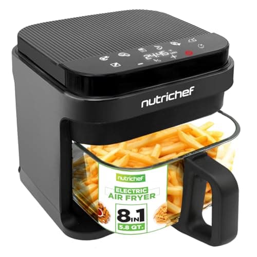Nutrichef 5.8 Quart Air Fryer 8-1 Preset Cook Modes Transparent Fry Bowl for Best Cooking Results Cook Shrimp, Steak, Fries, Wings, Chicken & More Precise Temperature Control & Time Black