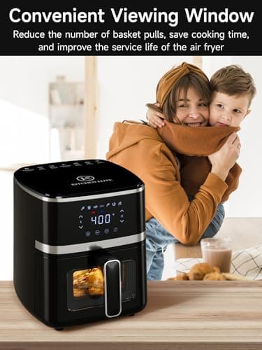 Kitchen Elite® Air Fryer Oven 5.28 Qt, 7-in-1 Digital Display Compact Cooker with Easy View Window, Space-saving, Nonstick and Dishwasher Safe Basket, Black