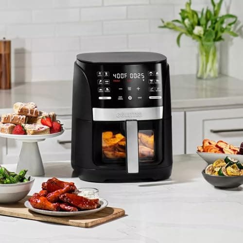Gourmias 6-Qt Digital Window Air Fryer, 12 Presets, Guided Cooking, Touch Control, Stainless Steel, Nonstick Basket, Oil-Free Frying, 1500W, Auto Shutoff, Dehydrator Function, Family Size,