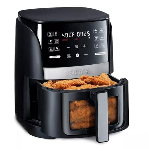 Gourmias 6-Qt Digital Window Air Fryer, 12 Presets, Guided Cooking, Touch Control, Stainless Steel, Nonstick Basket, Oil-Free Frying, 1500W, Auto Shutoff, Dehydrator Function, Family Size,