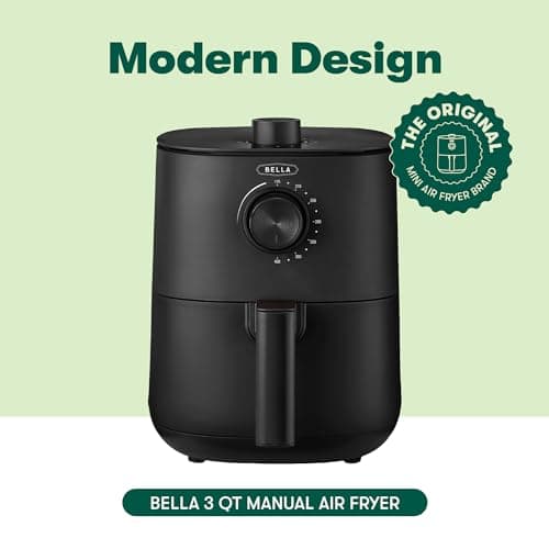 BELLA 3 Qt Manual Air Fryer Oven and 5-in-1 Multicooker with Removable Nonstick and Dishwasher Safe Crisping Tray and Basket, 1400 Watt Heating System, Matte Black