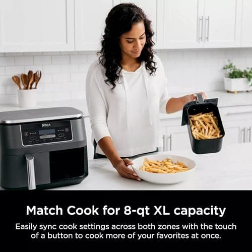 Ninja DZ201 Foodi 6-in-1 2-Basket Air Fryer with DualZone Technology, 8-Quart Capacity, and a Dark Grey Stainless Finish (Dark Grey Stainless) (Renewed)