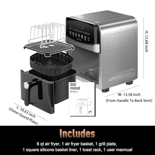 Air Fryer Stainless Steel with Window, DAYBEST 6QT Ceramic Airfryer Non Toxic with Up & Down Heats 1700W Max 450°F, 12 Presets/DIY, Dishwasher Safe Non Stick Basket and Pan (Stainless Steel)
