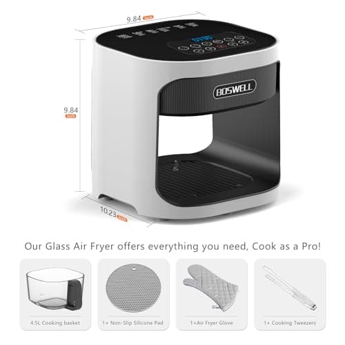 BOSWELL 4.5QT Glass Air Fryer, 6-in-1 Air Fryer with Transparent Fry Bowl, Circulating Air Heating, Bake, Broil, Air Fry, Temperature Control, Dishwasher Safe (White)