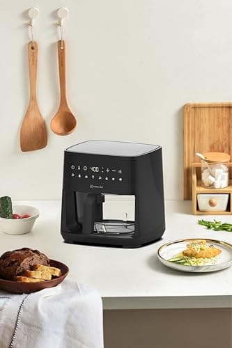 4.5-Quart Electric Air Fryer with Glass Basket, Adjustable Temperature, Touch Panel Control, One-Touch Cook Functions, and 360° Rapid Cooking, 1350 Watt Power