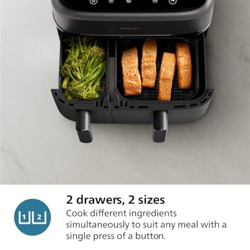 Philips Dual Basket Air Fryer 3000 Series, 8-in-1 functions, 9.5 Quarts, 2 Drawers, Auto-sync Cooking Time, 90% Less Fat, Rapid Air Technology, HomeID Recipe App, Dishwasher Safe, Black, (NA350/00)