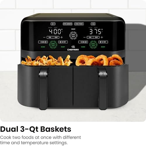 Chefman 6 Quart Dual Basket Air Fryer - Digital Touchscreen, Smart Sync Finish, Hi-Fry, Auto Shutoff, 2 Independent 3QT Nonstick Dishwasher-Safe Frying Baskets - Digital Double Air Fryer - Black
