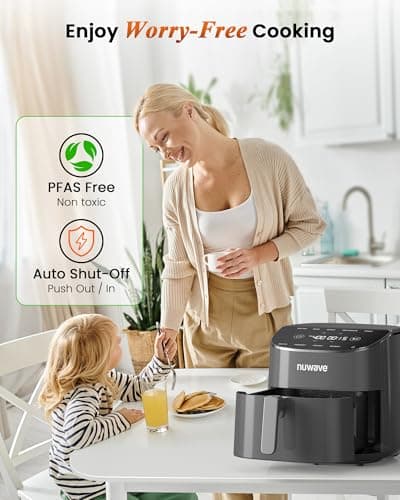 Nuwave Brio Plus Air Fryer 8 Qt, New & Improved, PFAS-FREE, 7 Digital One-Touch Cook Functions that AIR FRY, BAKE, ROAST, DEHYDRATE, TOAST, REHEAT, PREHEAT, 150 Presets, 50°F-400°F, 700/1500/1800W