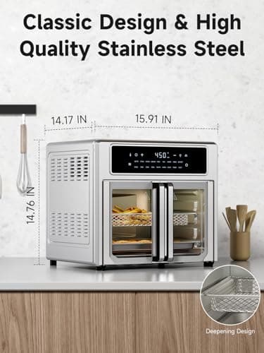 Kitchen Elite®Air Fryer French Door Oven,26.4 Qt Easy Cleanup & Use Large Countertop Toaster Oven Combo,18 Presets & 1 Preheat & 1 Light,Multi-Layer Cooking,4 Accessories,Stainless Steel