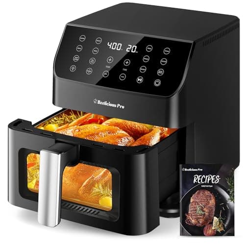 Beelicious 5.8QT Large Air Fryer, 12-in-1 Digital Airfryer with Clear Window, 40+ Recipes, Flavor-Lock Tech, Shake Reminder, Compact, Quiet, Dishwasher Safe, Nonstick (Black)