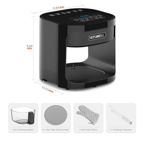 BOSWELL Glass Air Fryer, 4.5QT Transparent Fry Bowl, Circulating Heating, Non Toxic, Large Capacity Air Fryer Roast, Temperature Control Dishwasher Safe (Black)