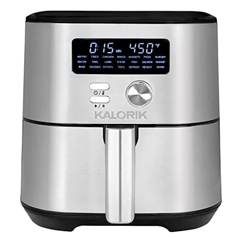 Kalorik MAXX® Digital Air Fryer FT 47823 BKSS | 6-Quart Oilless Air Fryer with 7 Cooking Functions | LED Display | 21 Smart Presets | 5 Dishwasher-Safe Accessories & Bonus Recipe Book | Nonstick Air Frying Basket | 1750W | Stainless Steel & Black