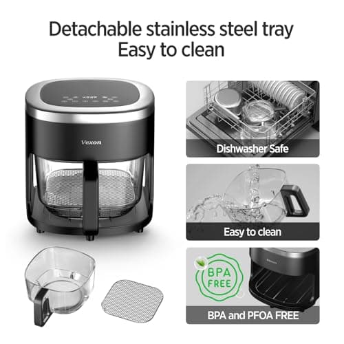 Vexon 6-IN-1 Glass Air Fryer,4.5QT Air Fryer with Viewing Glass Pot, Air Fry, Roast, Reheat, Dehydrate, Air Crisp Technology,Nonstick & Dishwasher Safe Basket,97% Less Oil,Features Digital Timer
