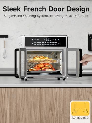 Air Fryer French Door Oven,15.8 Qt Toaster Oven Countertop Combo,18 Presets & 1 Preheat & Light, Airfryer Basket,Wire Rack,Baking Pan,Crumb Tray,Compact Design,Stainless Steel,Small
