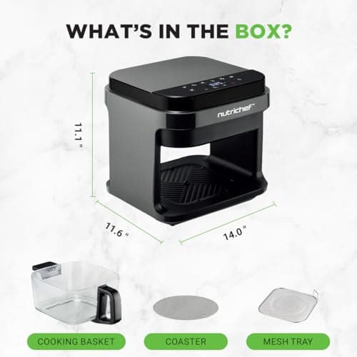 Nutrichef 5.8 Quart Air Fryer 8-1 Preset Cook Modes Transparent Fry Bowl for Best Cooking Results Cook Shrimp, Steak, Fries, Wings, Chicken & More Precise Temperature Control & Time Black