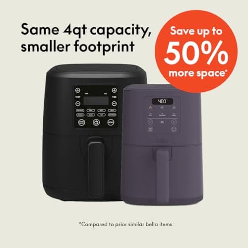 bella 4Qt Slim Air Fryer, Fits-anywhere™ Kitchenware, EverGood™ Ceramic Nonstick Coating, Adjustable Temperature, 6 Preset Cooking Options, 60 Min Auto Shutoff w Audible Tone, 3.3lb Capacity, Plum