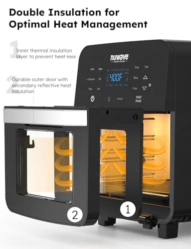 Nuwave Brio Air Fryer Oven, 15.5Qt X-Large Family Size, SS Rotisserie Basket &-Skewer Kit, Powerful 1800W, 50F-425F Temp Controls, Integrated Smart Thermometer