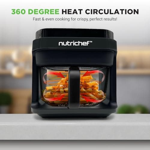 Nutrichef 5.8 Quart Air Fryer 8-1 Preset Cook Modes Transparent Fry Bowl for Best Cooking Results Cook Shrimp, Steak, Fries, Wings, Chicken & More Precise Temperature Control & Time Black