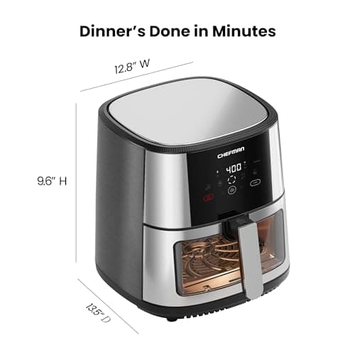 CHEFMAN Easy-View Air Fryer – 8 Qt Family Size with Viewing Window, One-Touch Digital Control with 4 Presets, Nonstick & Dishwasher Safe, Broil, Roast, Dehydrate, Bake, Auto-Shutoff, Stainless Steel