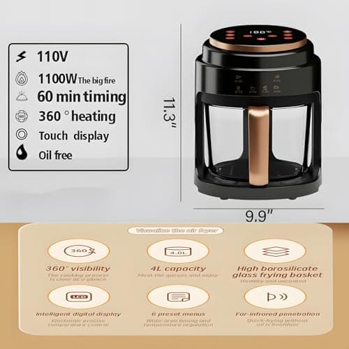 Glass Air Fryer,1100W 4.2Qt Smart Compact Air Fryers,360° Viewing Window,3d Three-Dimensional Hot Air Circulation Evenly,Cooks Quickly, 95% Less Oil for Healthier Meals, Easy To Clean,White