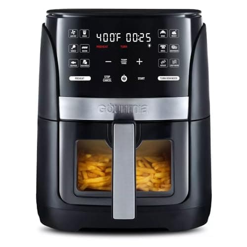 Gourmias 6-Qt Digital Window Air Fryer, 12 Presets, Guided Cooking, Touch Control, Stainless Steel, Nonstick Basket, Oil-Free Frying, 1500W, Auto Shutoff, Dehydrator Function, Family Size,