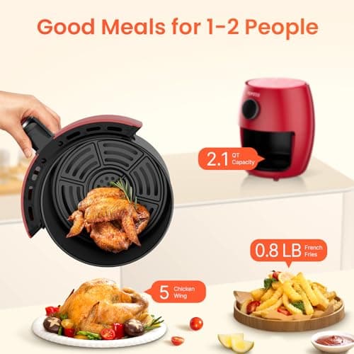 Small Compact Air Fryer, 2.1QT, 4-in-1 Small Mini Airfryer, Bake, Roast, Reheat, 98% Less Oil, Adjustable Temperature Control w/ 12H Timer, Quiet, Nonstick & Dishwasher Safe Basket, BPA-Free, Red