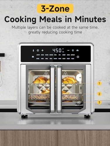 Air Fryer French Door Oven,15.8 Qt Toaster Oven Countertop Combo,18 Presets & 1 Preheat & Light, Airfryer Basket,Wire Rack,Baking Pan,Crumb Tray,Compact Design,Stainless Steel,Small