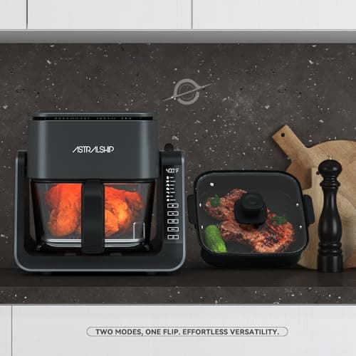 4.2 QT+1.3 QT Small Air Fryer non toxic, 2-in-1 Glass Air Fryer & Grill Pan Combo for kitchen, 7 Presets, 105-450℉, Portable Healthy Cooking, Non-Stick, Multi-Function for Frying, Griddle & Baking