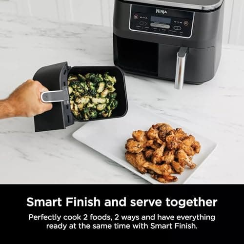 Ninja DZ201 Foodi 6-in-1 2-Basket Air Fryer with DualZone Technology, 8-Quart Capacity, and a Dark Grey Stainless Finish (Dark Grey Stainless) (Renewed)