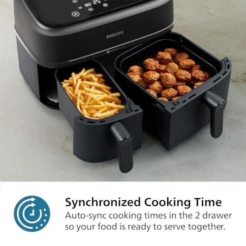 Philips Dual Basket Air Fryer 3000 Series, 8-in-1 functions, 9.5 Quarts, 2 Drawers, Auto-sync Cooking Time, 90% Less Fat, Rapid Air Technology, HomeID Recipe App, Dishwasher Safe, Black, (NA350/00)