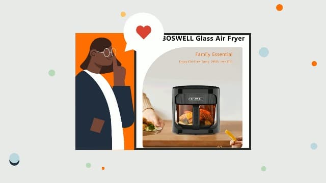 BOSWELL Glass Air Fryer, 4.5QT Transparent Fry Bowl, Circulating Heating, Non Toxic, Large Capacity Air Fryer Roast, Temperature Control Dishwasher Safe (Black)