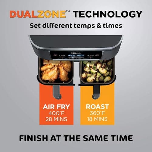 Ninja DZ201 Foodi 6-in-1 2-Basket Air Fryer with DualZone Technology, 8-Quart Capacity, and a Dark Grey Stainless Finish (Dark Grey Stainless) (Renewed)