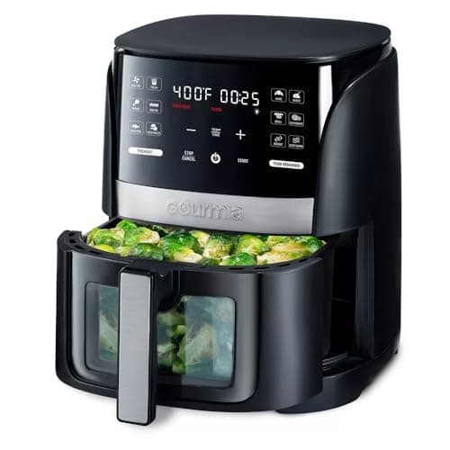 Gourmias 6-Qt Digital Window Air Fryer, 12 Presets, Guided Cooking, Touch Control, Stainless Steel, Nonstick Basket, Oil-Free Frying, 1500W, Auto Shutoff, Dehydrator Function, Family Size,